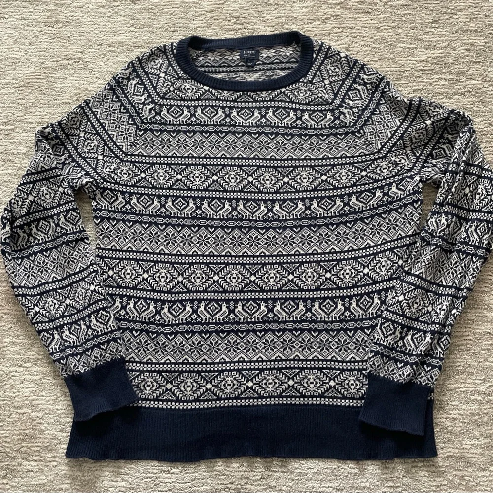 J.Crew Crewneck Sweater Fair Isle Blue White Mens Large 100% Cotton Winter Knit